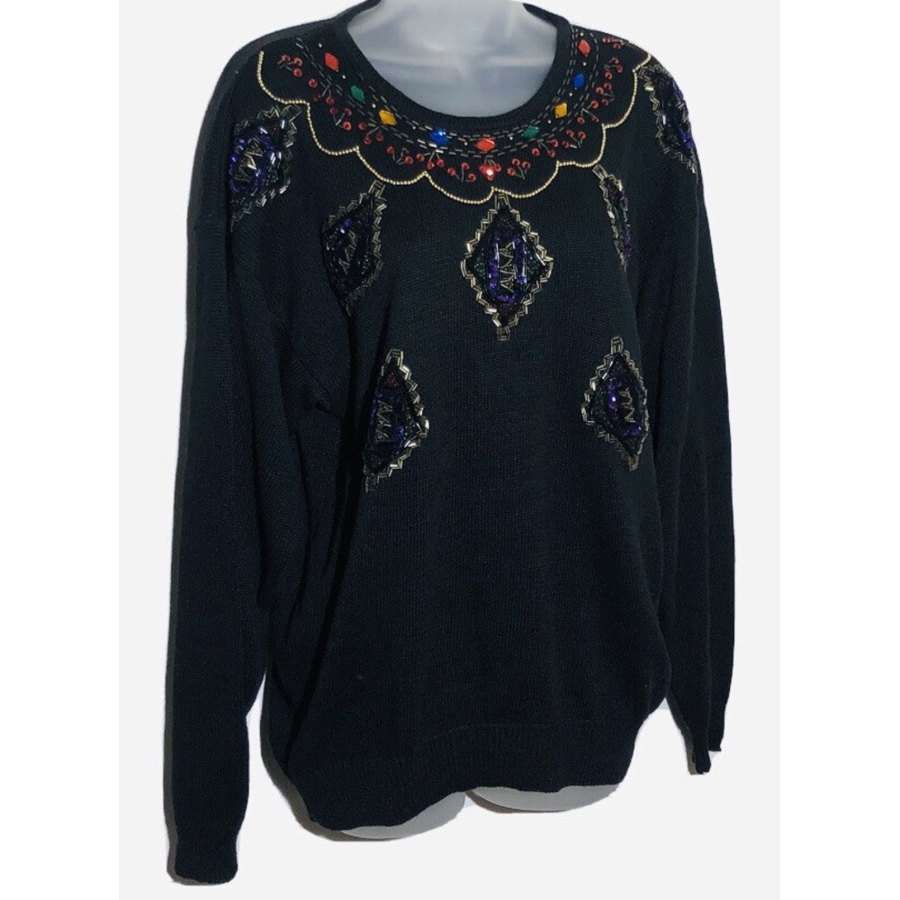 Black Beaded Sequin Embellished Sweater Women's XL Jewel Tone 80s 90s Party Glam